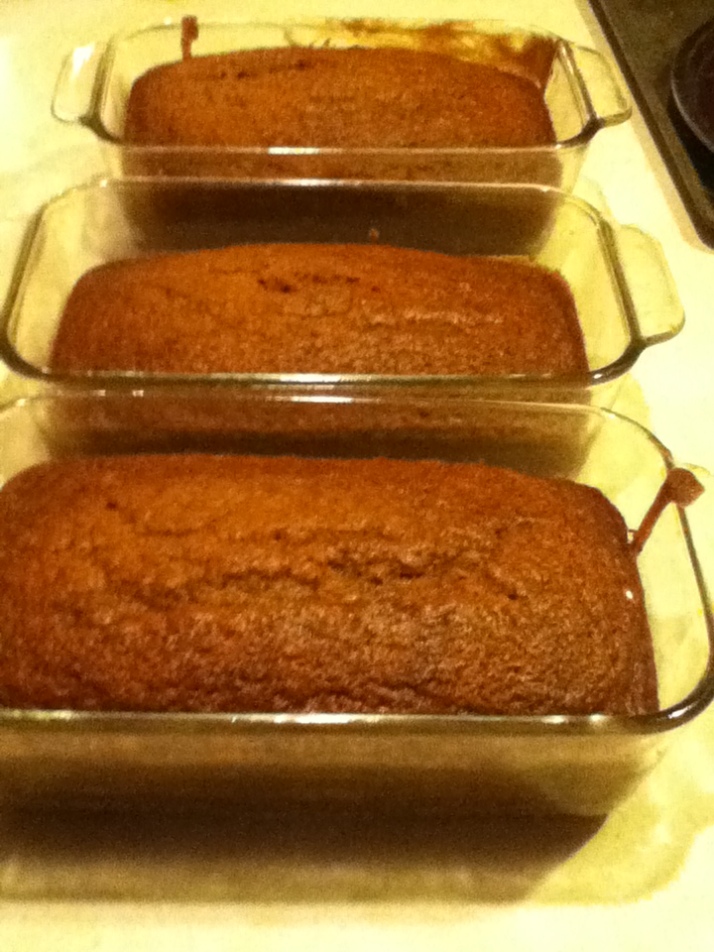 Three loaves of pumpkin bread.  I bought this canned. It is from this fall.  I want to use it up.