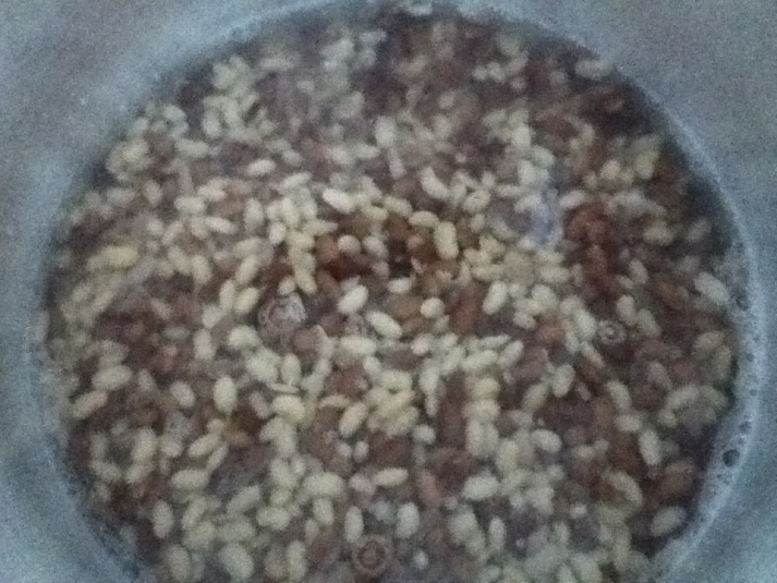 These are the beans in the canner before cooking with the water, oil and salt.