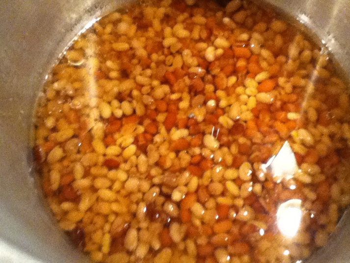 These are the beans after cooking.  The water level is still the same.  As I look putting these on the blog the coloring is different, but the amount of liquid was about the same.