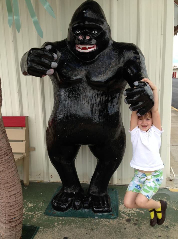 A hanging on a gorilla statue.